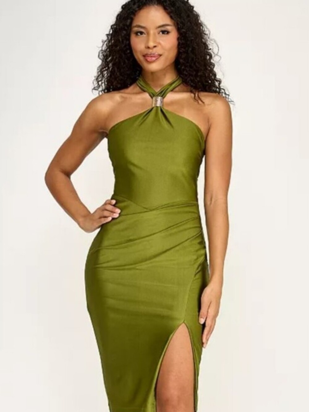 Seni & Cade NWT XS Moss Green Satin Halter Dress Pleated Neck Cocktail Party